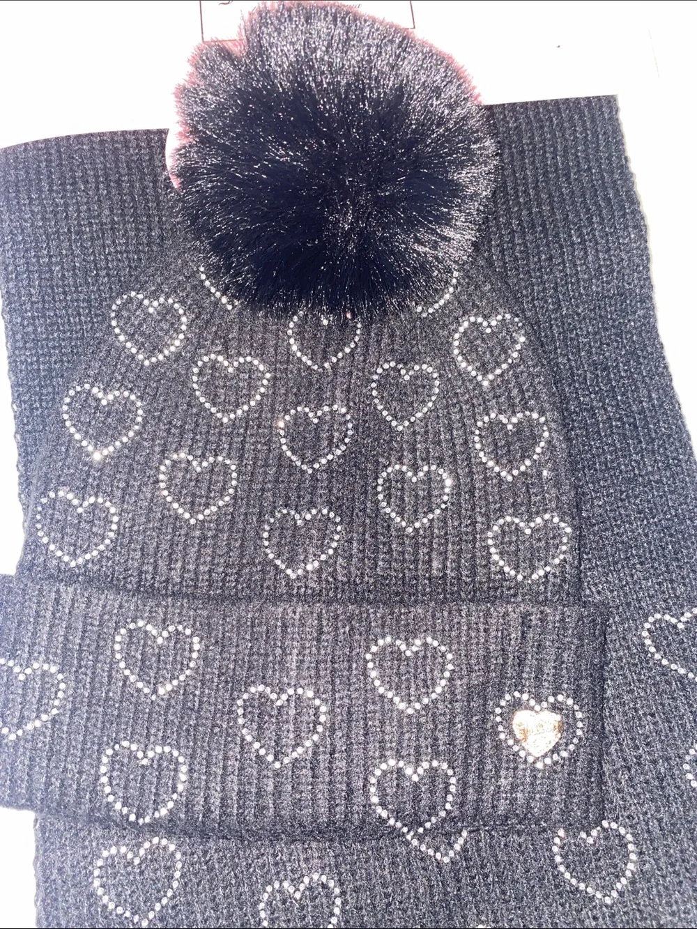 Juicy Couture Black Rhinestone Heart Pom Beanie and Scarf Set